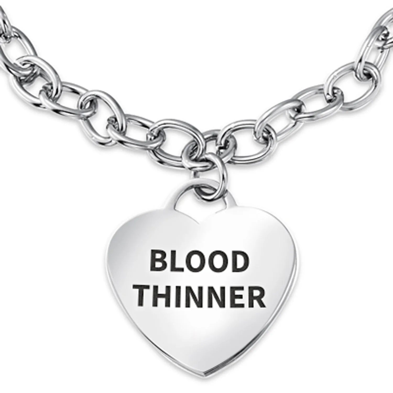 Link Chain Red Medical ID Bracelet with Heart Tag Silver Tone 7-7.5 Inch