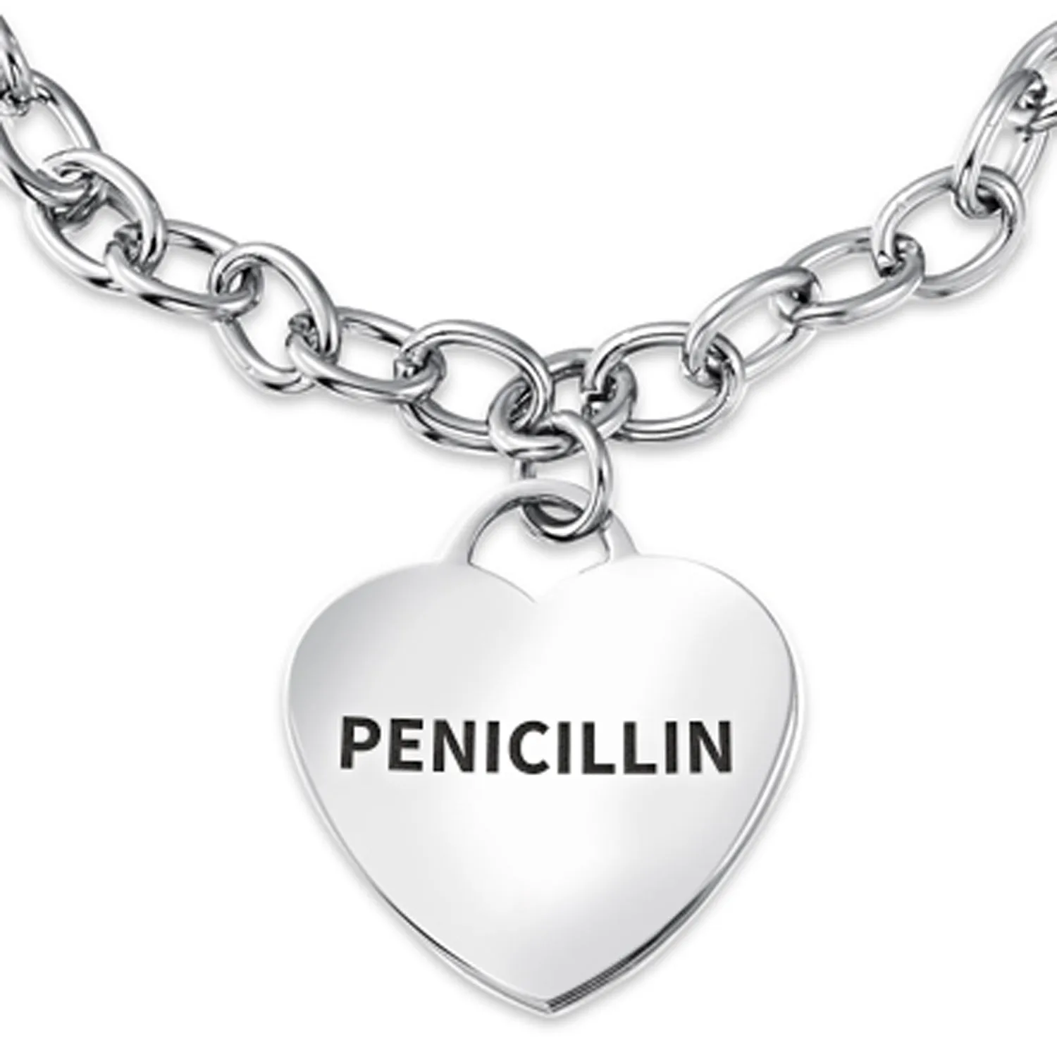 Link Chain Red Medical ID Bracelet with Heart Tag Silver Tone 7-7.5 Inch
