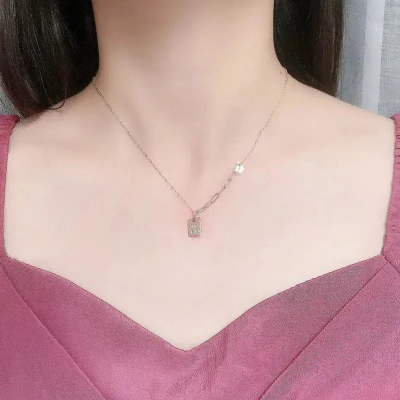 LOVCIA Modern Good Luck Letters Square Tag 925 Sterling Silver Necklace