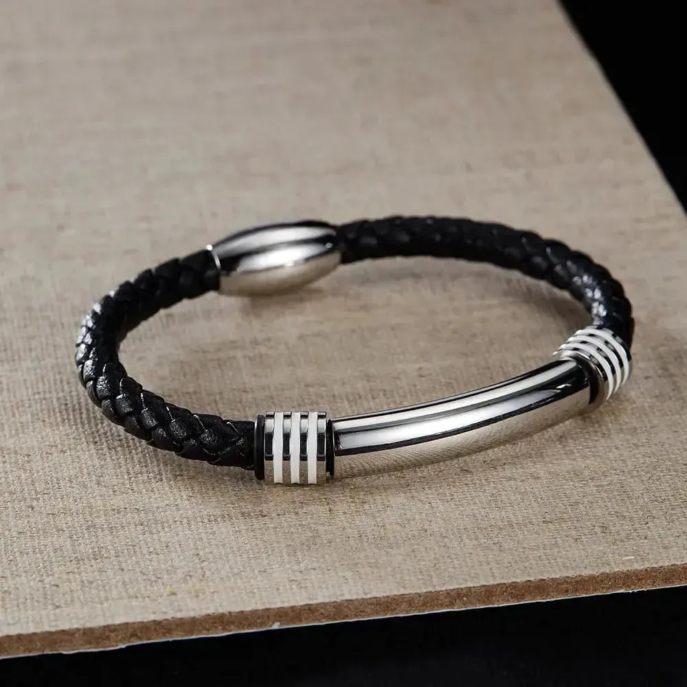 LOVCIA Stainless Steel and Synthetic Leather Magnetic Buckle Bracelet for Men - Stylish and Durable Wristband