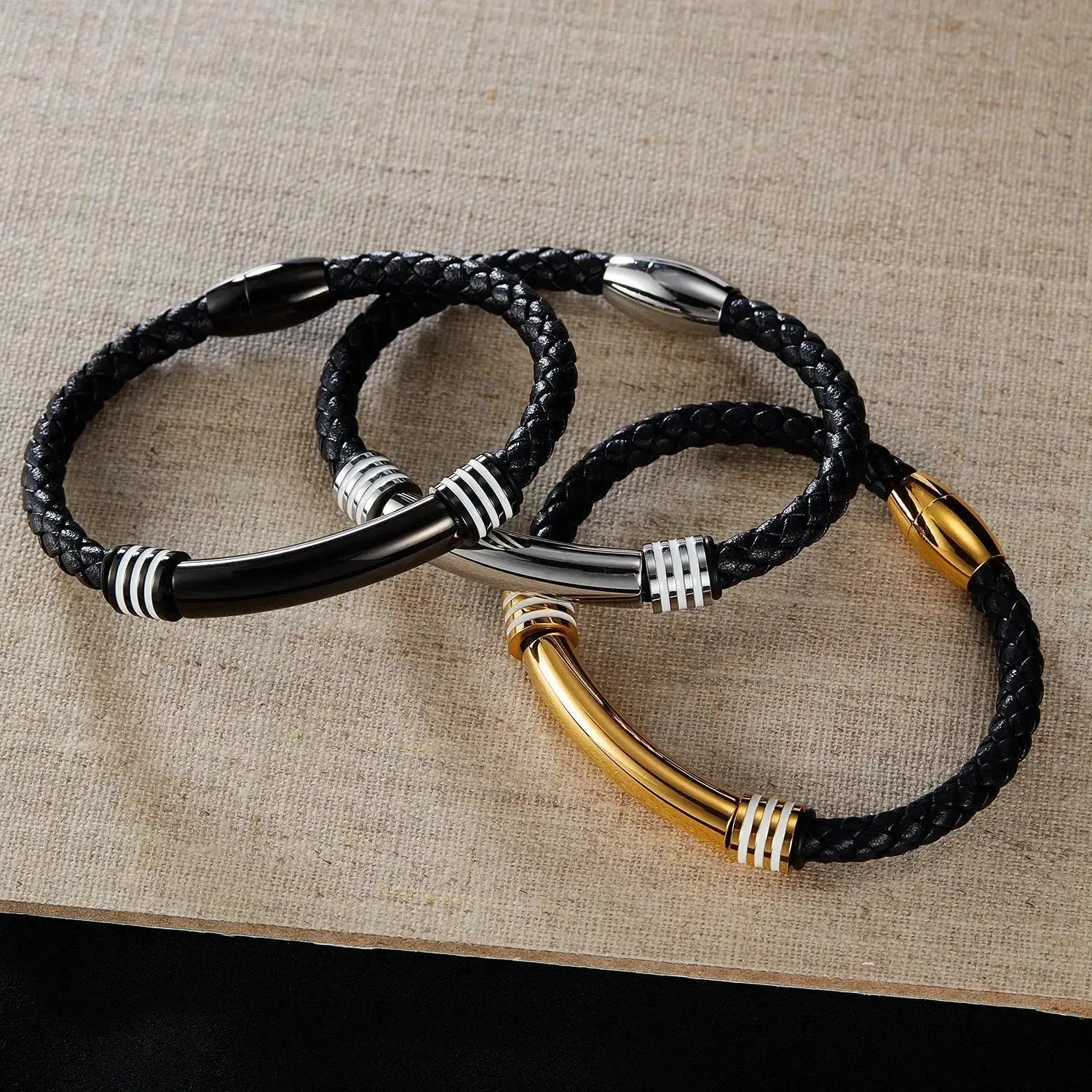 LOVCIA Stainless Steel and Synthetic Leather Magnetic Buckle Bracelet for Men - Stylish and Durable Wristband