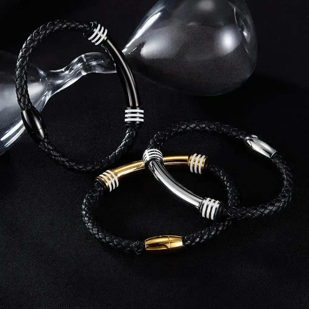 LOVCIA Stainless Steel and Synthetic Leather Magnetic Buckle Bracelet for Men - Stylish and Durable Wristband