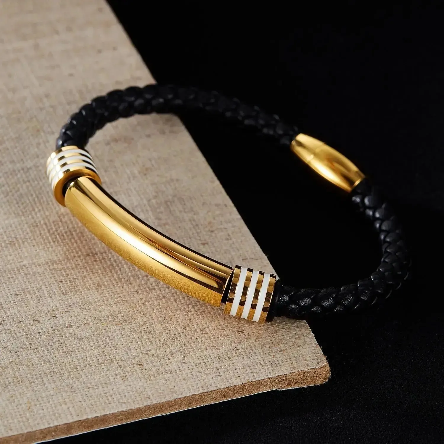 LOVCIA Stainless Steel and Synthetic Leather Magnetic Buckle Bracelet for Men - Stylish and Durable Wristband