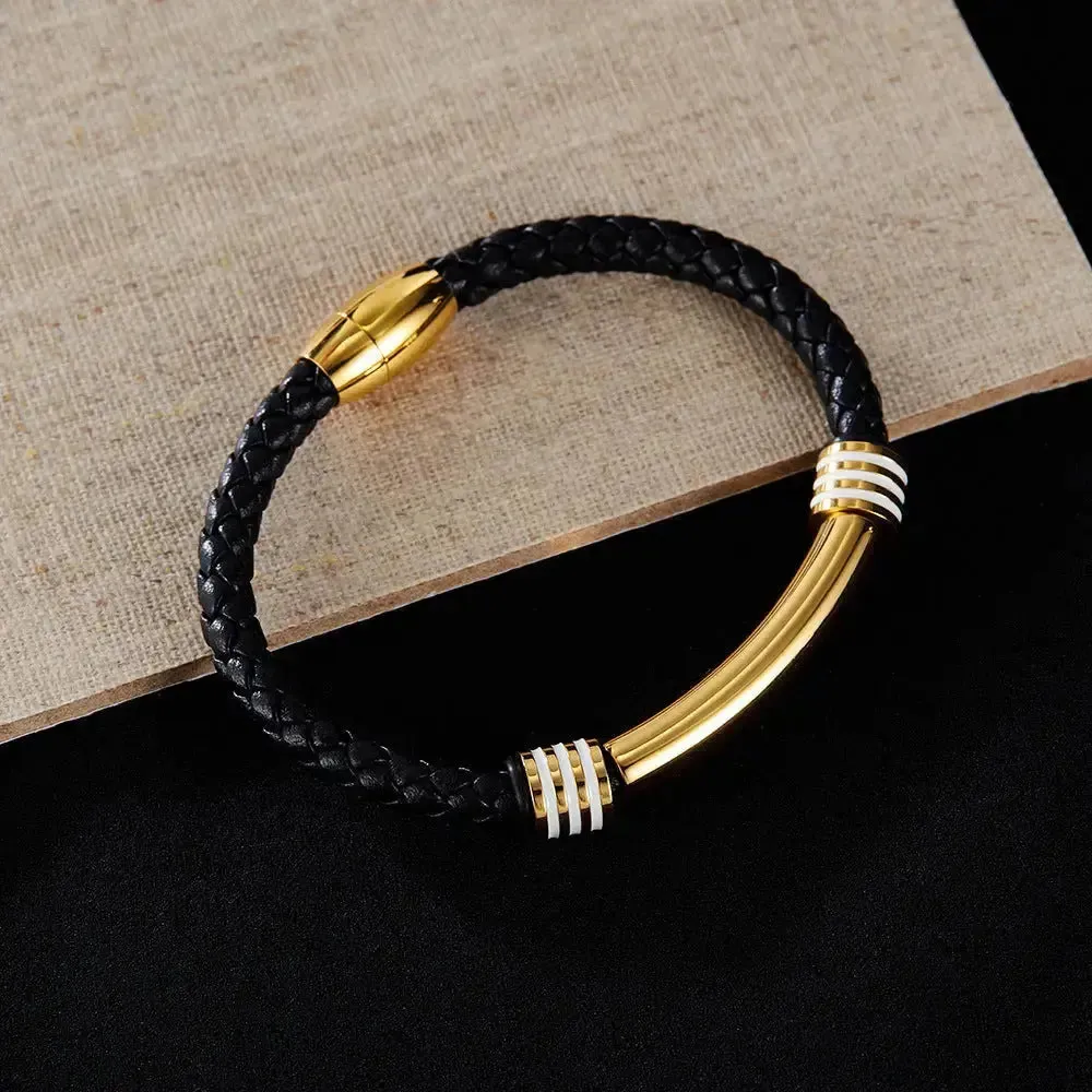 LOVCIA Stainless Steel and Synthetic Leather Magnetic Buckle Bracelet for Men - Stylish and Durable Wristband