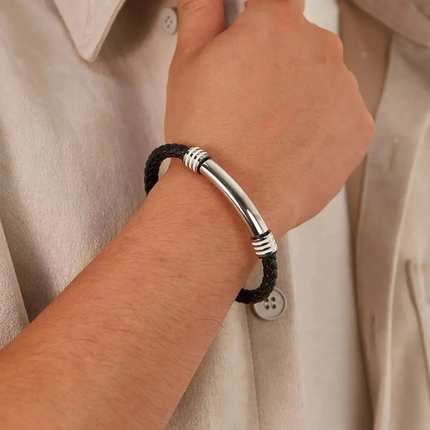 LOVCIA Stainless Steel and Synthetic Leather Magnetic Buckle Bracelet for Men - Stylish and Durable Wristband