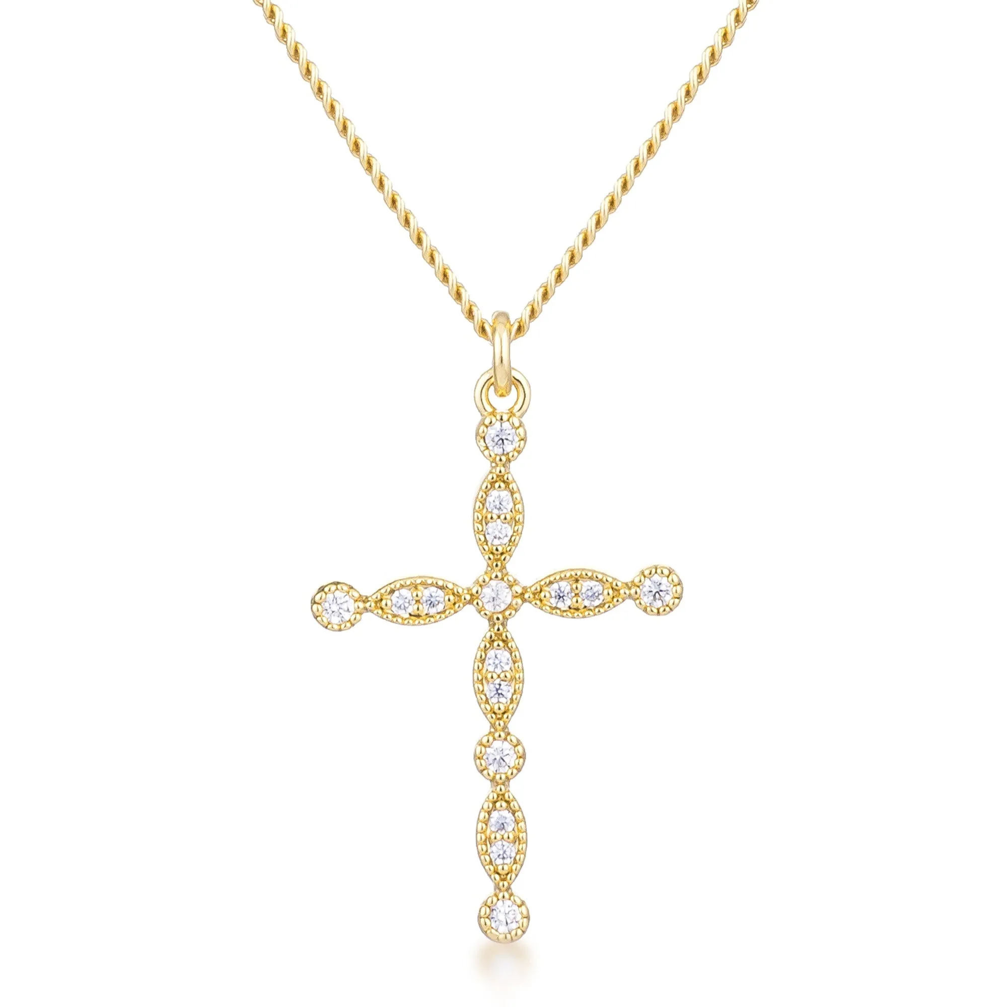 LOVCIA Vintage-Inspired Gold Plated CZ Cross Necklace