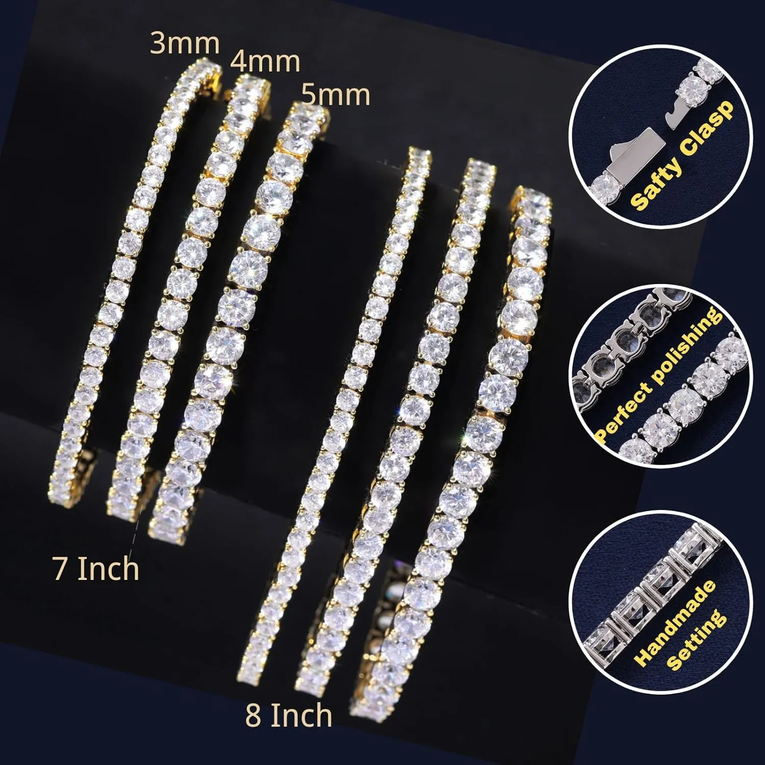 Lulu Mel 18K Gold Plated Tennis Bracelet for Women Men, 3/4/5mm Iced Out 5A Cubic Zirconia Classic Tennis Chain Bracelets 7 Inches 8 Inches, Diamond Tennis Bracelet Lady Fashion Jewelry