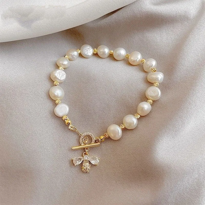 Luxury Baroque Pearl Bracelet Bee Pendant For Women Jewelry