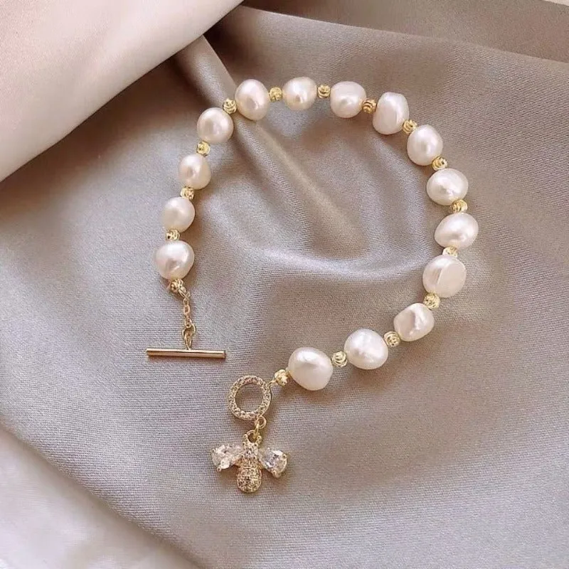 Luxury Baroque Pearl Bracelet Bee Pendant For Women Jewelry