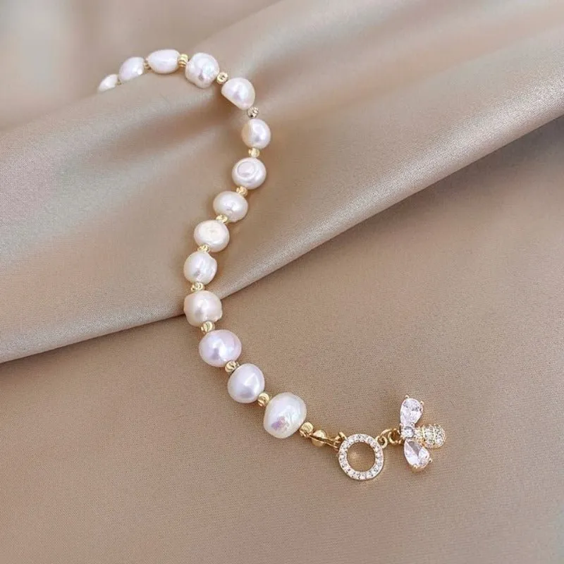 Luxury Baroque Pearl Bracelet Bee Pendant For Women Jewelry