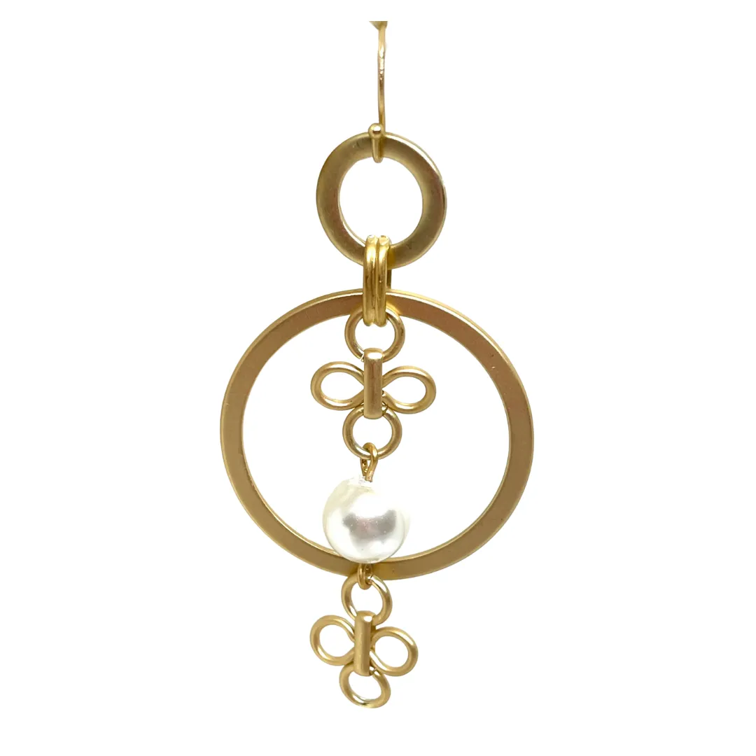 Matte Gold Hoop Earrings With Glass Pearl and Two Clover Charms