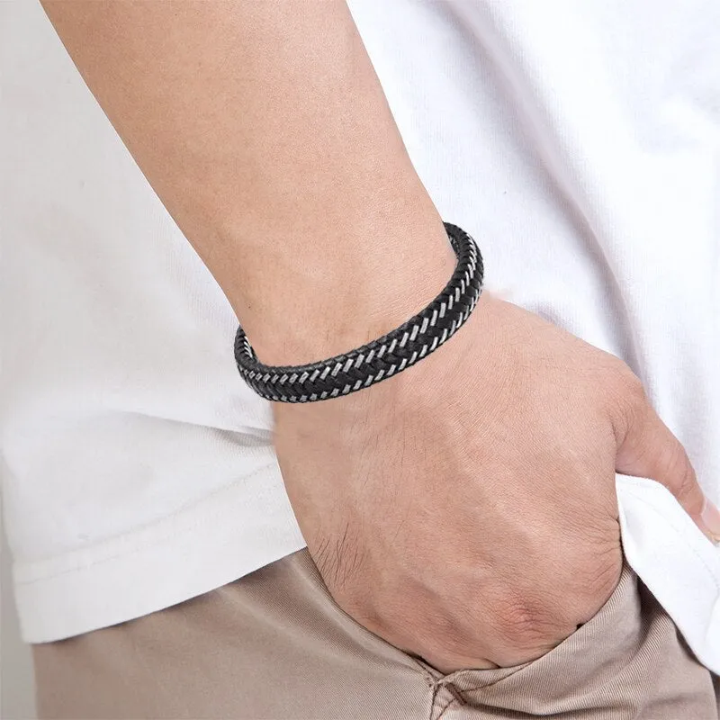 Men Fashion Jewelry Stainless Steel Braided Leather Rope Bracelet
