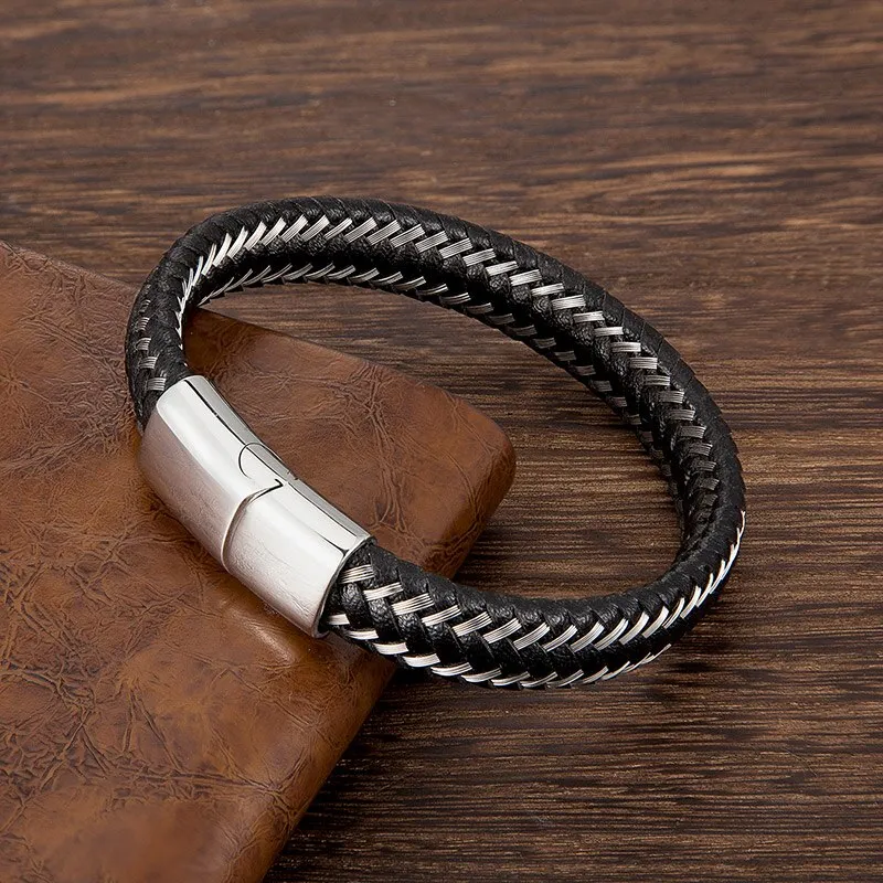 Men Fashion Jewelry Stainless Steel Braided Leather Rope Bracelet