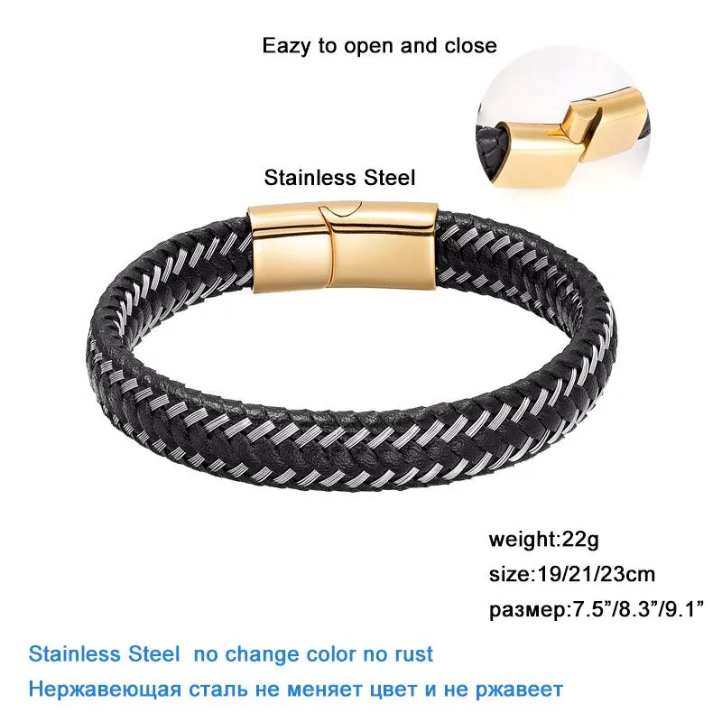 Men Fashion Jewelry Stainless Steel Braided Leather Rope Bracelet