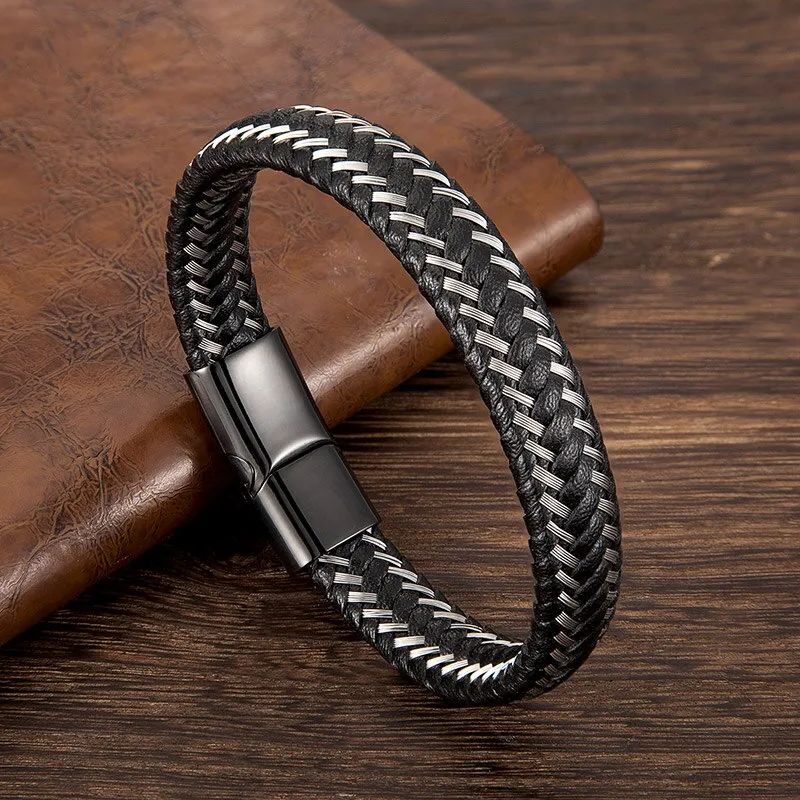 Men Fashion Jewelry Stainless Steel Braided Leather Rope Bracelet