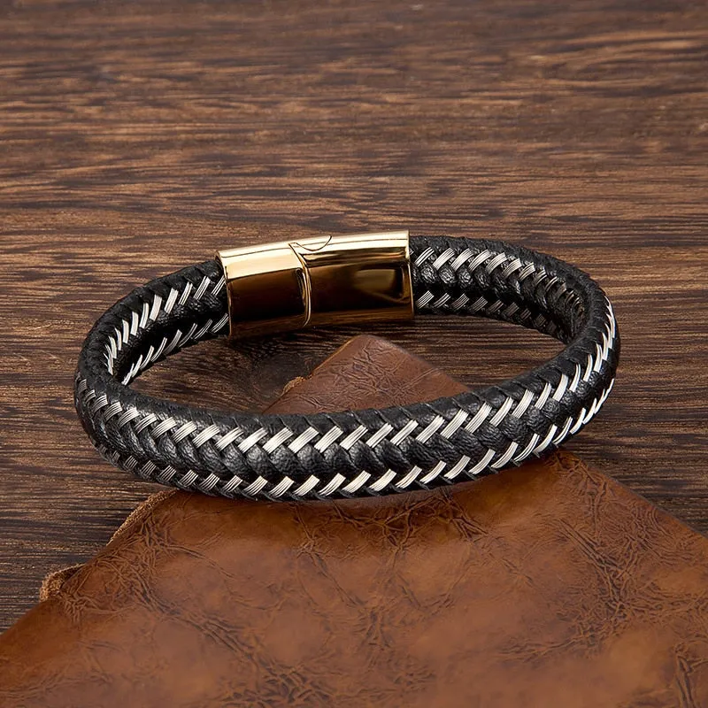 Men Fashion Jewelry Stainless Steel Braided Leather Rope Bracelet