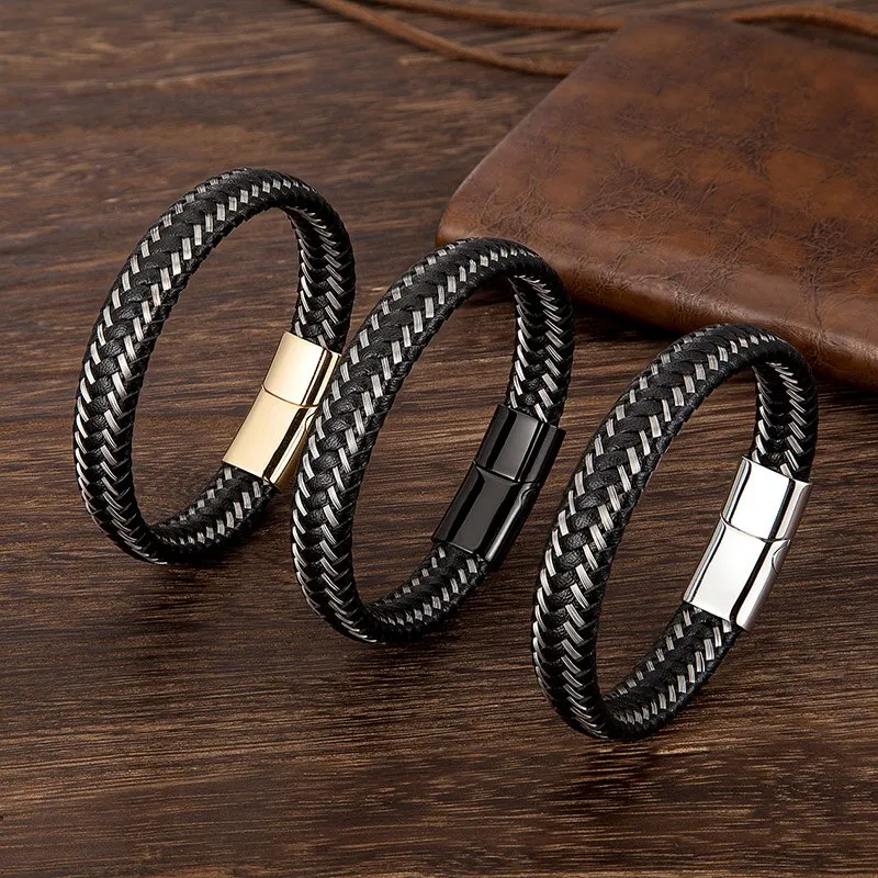 Men Fashion Jewelry Stainless Steel Braided Leather Rope Bracelet