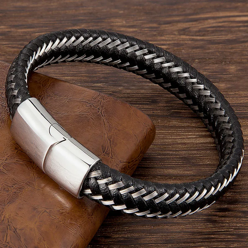 Men Fashion Jewelry Stainless Steel Braided Leather Rope Bracelet