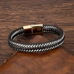 Men Fashion Jewelry Stainless Steel Braided Leather Rope Bracelet