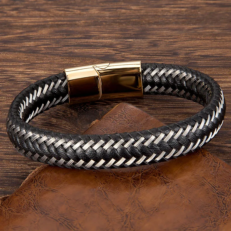 Men Fashion Jewelry Stainless Steel Braided Leather Rope Bracelet