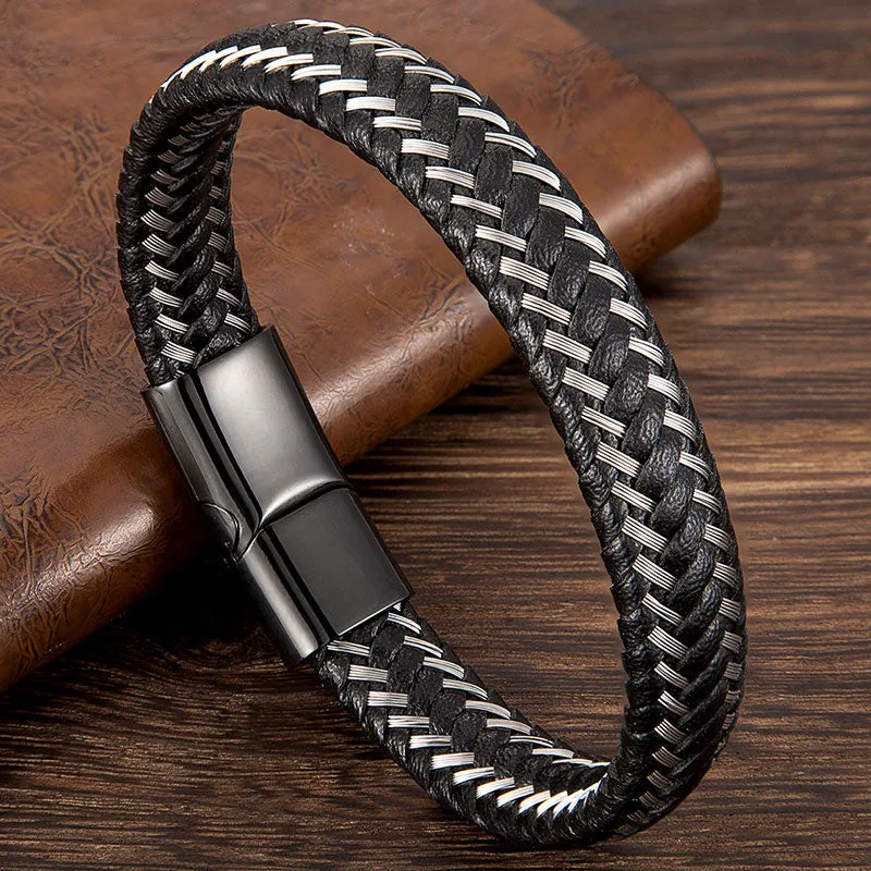 Men Fashion Jewelry Stainless Steel Braided Leather Rope Bracelet