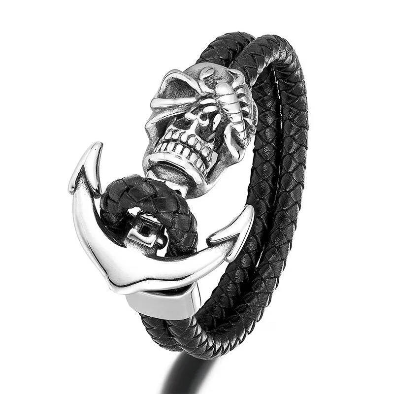 Men Skull Bracelet Punk Leather Charm Anchor Accessories Man