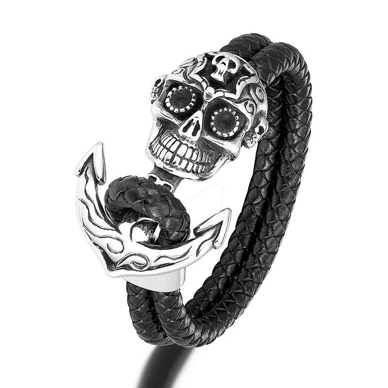 Men Skull Bracelet Punk Leather Charm Anchor Accessories Man