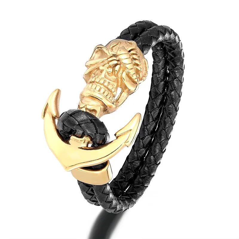 Men Skull Bracelet Punk Leather Charm Anchor Accessories Man