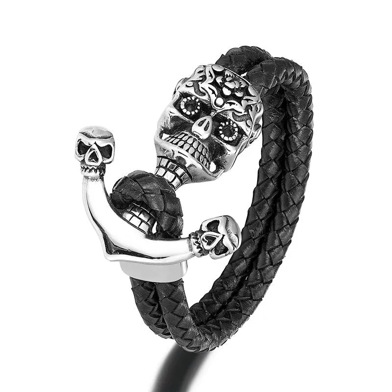 Men Skull Bracelet Punk Leather Charm Anchor Accessories Man