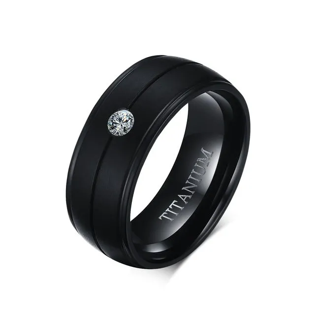 Men's Punker Style Pure Titanium Matte Black Bands with stylish center stone