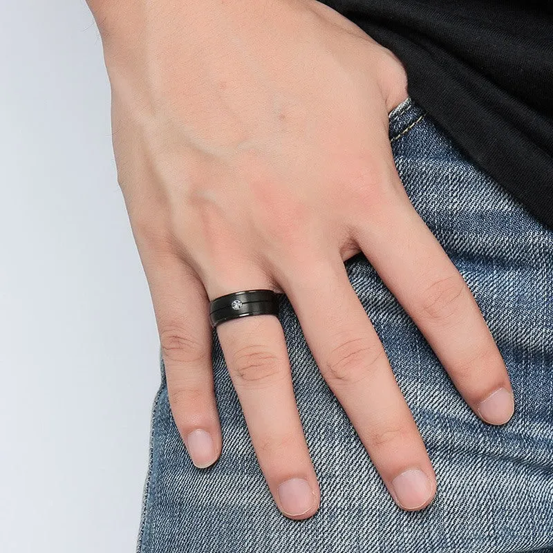Men's Punker Style Pure Titanium Matte Black Bands with stylish center stone