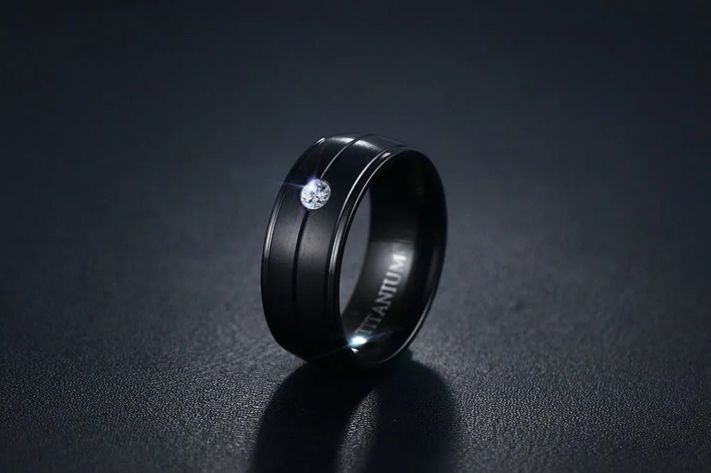 Men's Punker Style Pure Titanium Matte Black Bands with stylish center stone