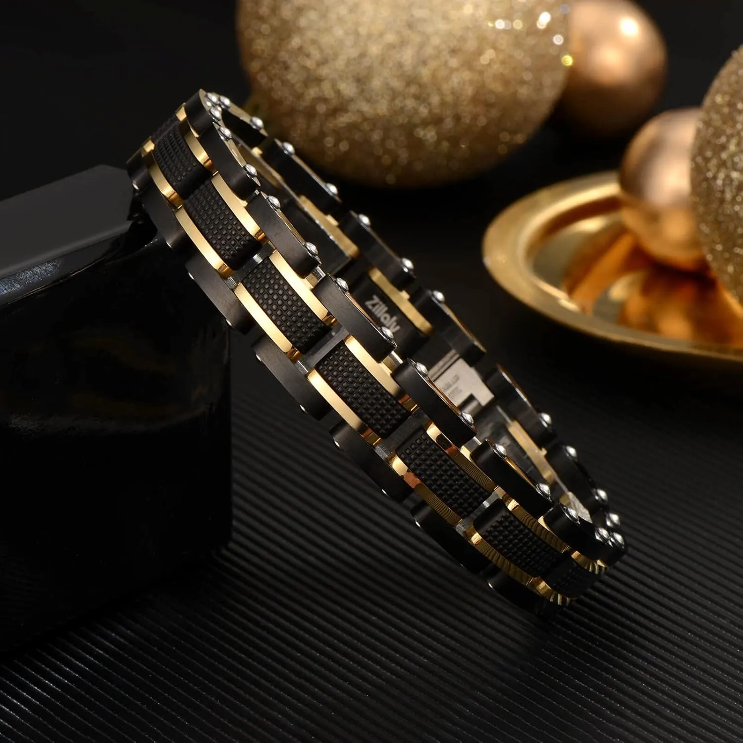 Men's Stainless Steel Two-Tone Square Link diamond Bracelet in Black & Blue Ion-Plated Black