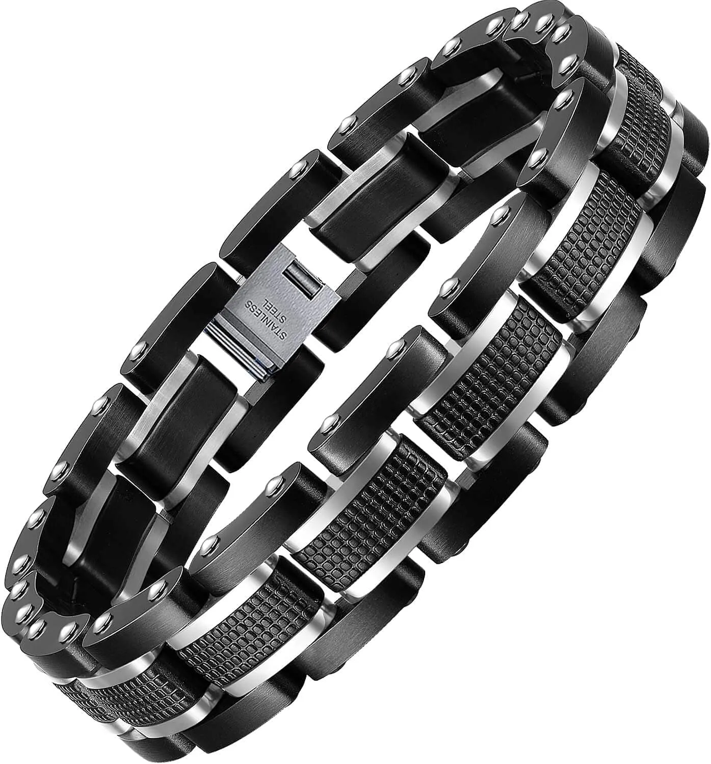 Men's Stainless Steel Two-Tone Square Link diamond Bracelet in Black & Blue Ion-Plated Black