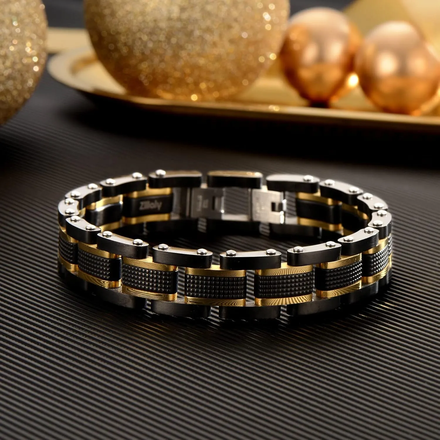 Men's Stainless Steel Two-Tone Square Link diamond Bracelet in Black & Blue Ion-Plated Black