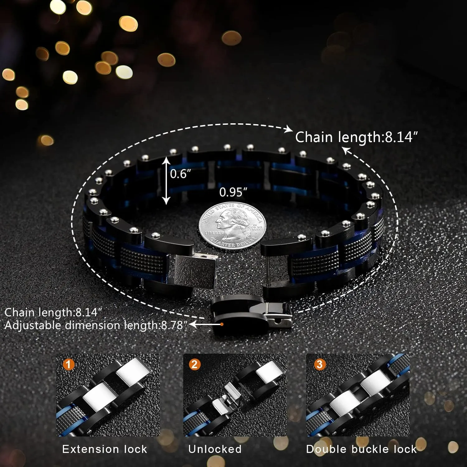 Men's Stainless Steel Two-Tone Square Link diamond Bracelet in Black & Blue Ion-Plated Black