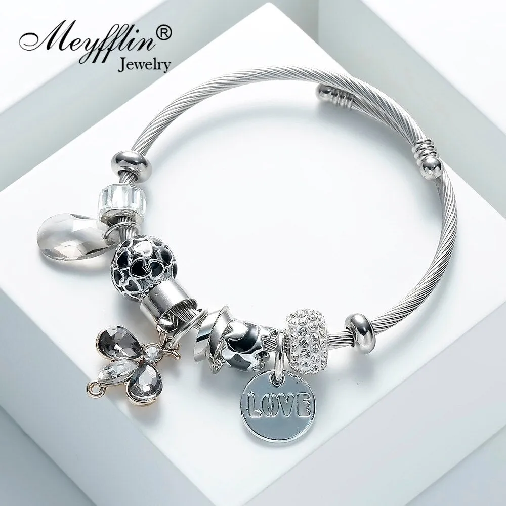 MEYFFLIN Vintage Beaded Bijoux Bracelet with Crystal Butterfly for Women