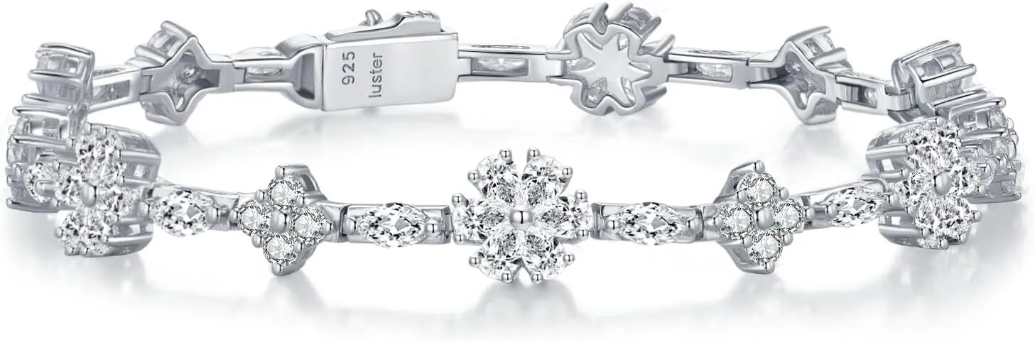 Moissanite Bracelet for Women, 925 Sterling Silver 18K White Gold Plated Flower Bracelet Jewelry, Anniversary Birthday Gifts for Women Wife Girlfriend Mother