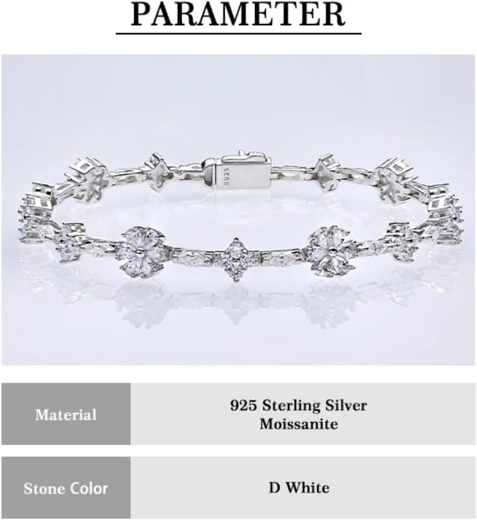 Moissanite Bracelet for Women, 925 Sterling Silver 18K White Gold Plated Flower Bracelet Jewelry, Anniversary Birthday Gifts for Women Wife Girlfriend Mother