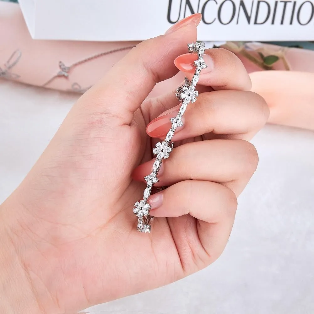 Moissanite Bracelet for Women, 925 Sterling Silver 18K White Gold Plated Flower Bracelet Jewelry, Anniversary Birthday Gifts for Women Wife Girlfriend Mother