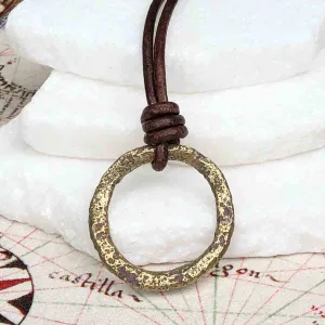 Mottled Green and Golden Bronze Celtic Ring Money Leather Necklace | Artifact #3387