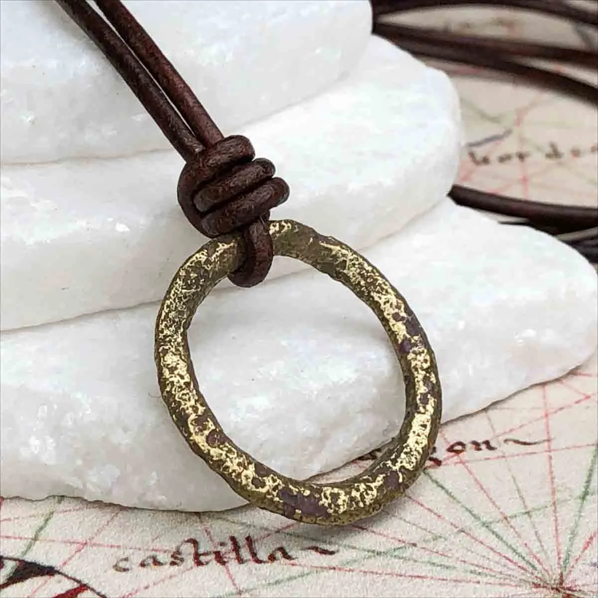Mottled Green and Golden Bronze Celtic Ring Money Leather Necklace | Artifact #3387