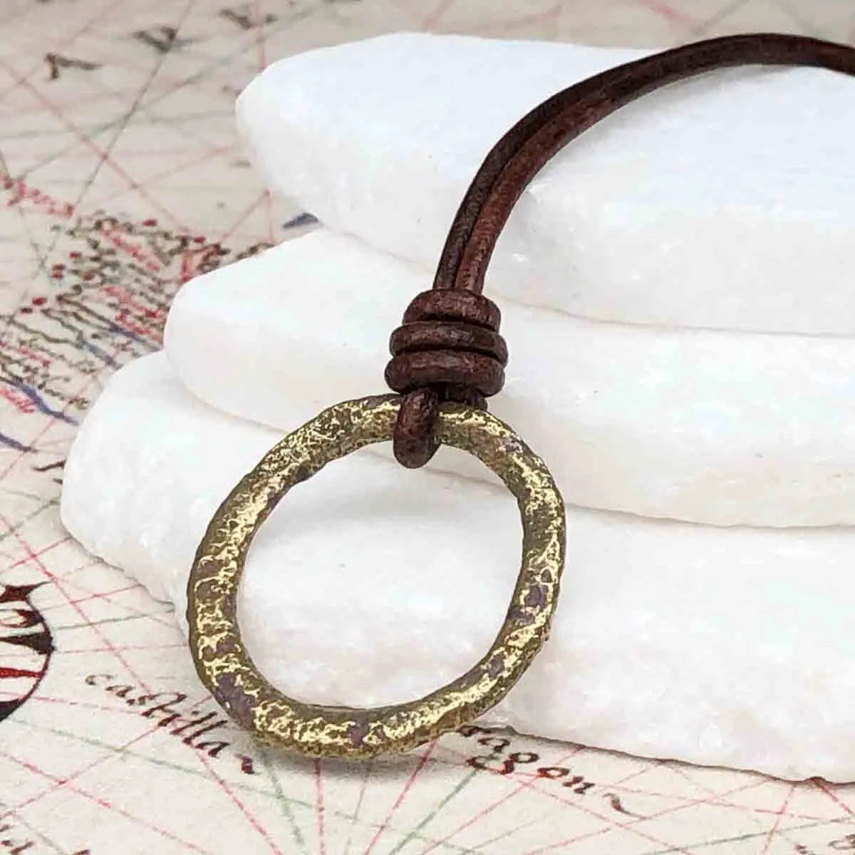 Mottled Green and Golden Bronze Celtic Ring Money Leather Necklace | Artifact #3387