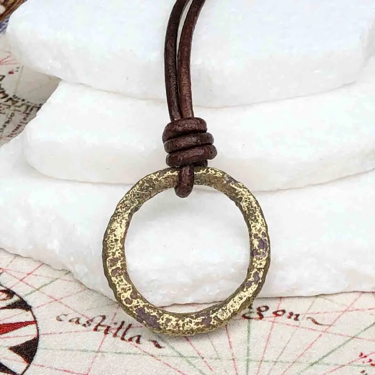 Mottled Green and Golden Bronze Celtic Ring Money Leather Necklace | Artifact #3387