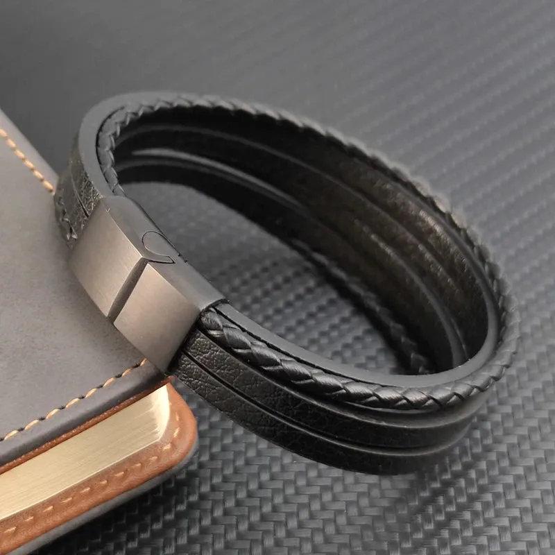 Multi-layer Leather Bracelet Stainless Steel Bangles For Men