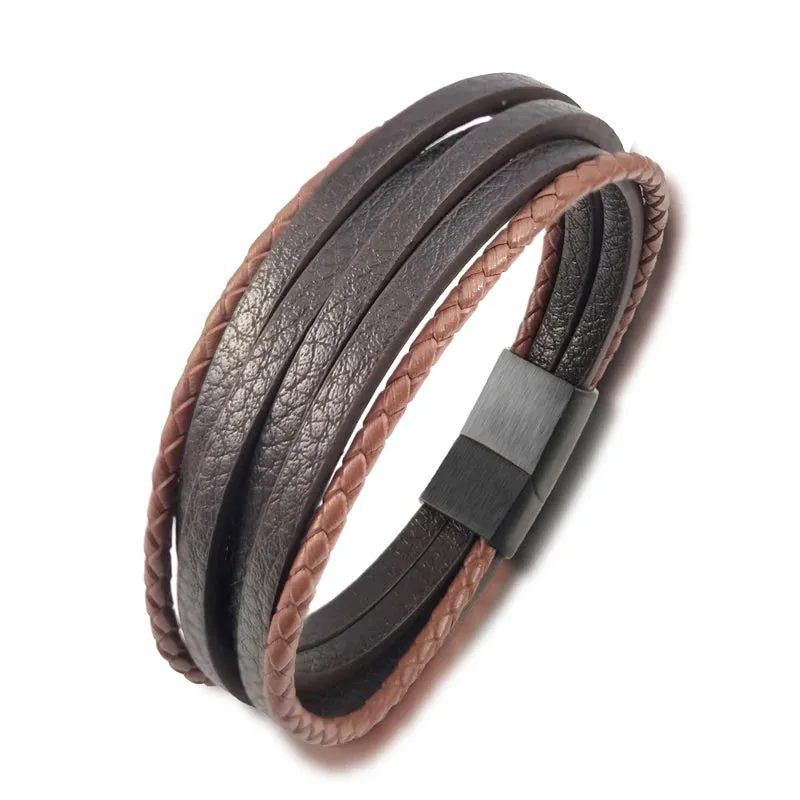 Multi-layer Leather Bracelet Stainless Steel Bangles For Men