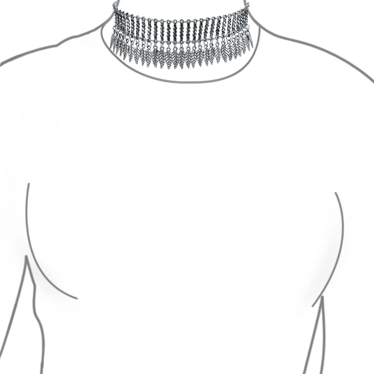 Native American Style Feather Choker Necklace in Oxidized Silver Plated Finish