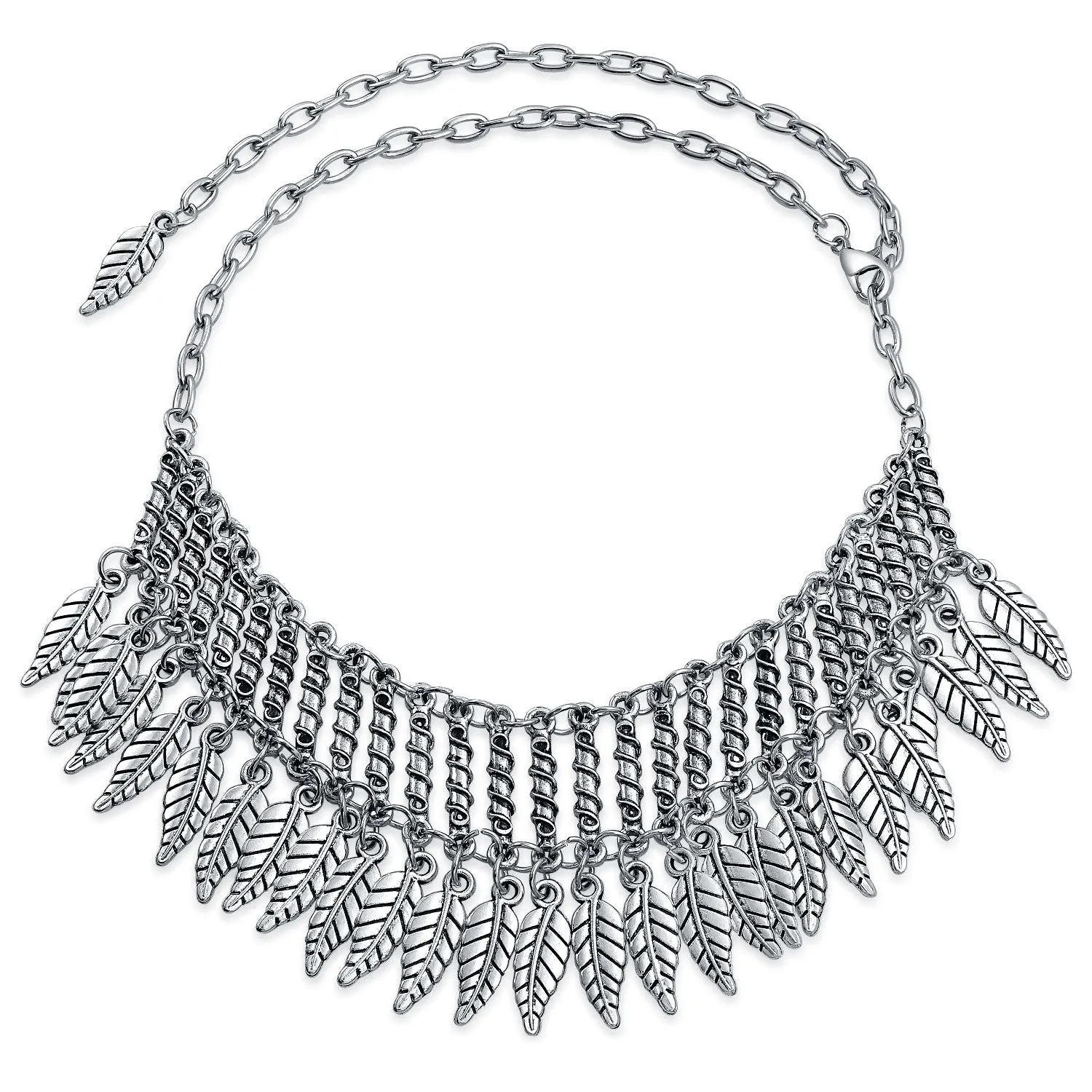 Native American Style Feather Choker Necklace in Oxidized Silver Plated Finish