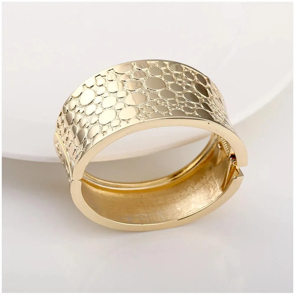 New Gold Colour Embossed Round Shape Wide Statement Bangle Cuff Bracelet for Women - Fashion Jewellery