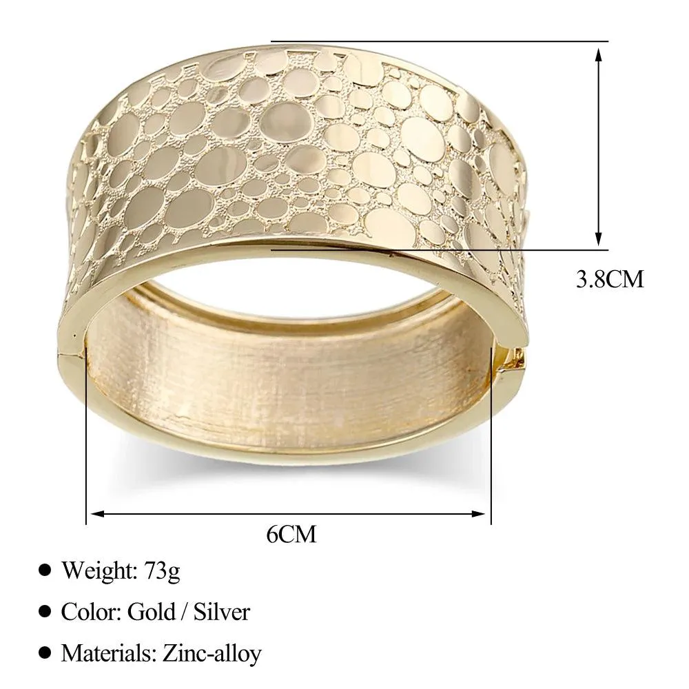 New Gold Colour Embossed Round Shape Wide Statement Bangle Cuff Bracelet for Women - Fashion Jewellery